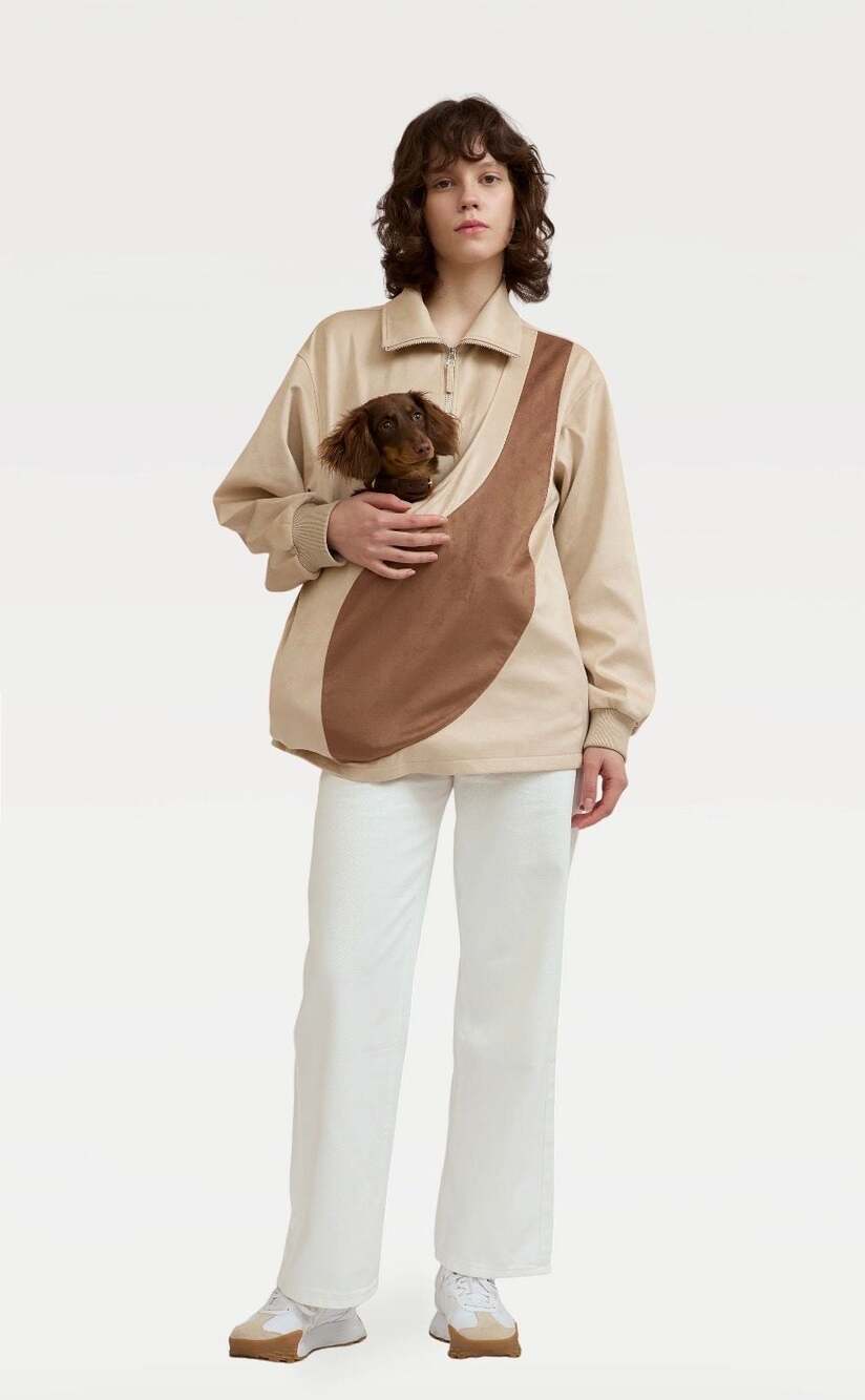 Ri!Kyu Kangaroo Pouch Unisex Scuba Suede Pullover Jacket Beige Size L - Picture 6 of 6